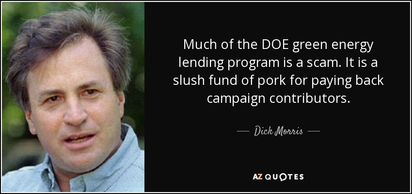Much of the DOE green energy lending program is a scam. It is a slush fund of pork for paying back campaign contributors. - Dick Morris
