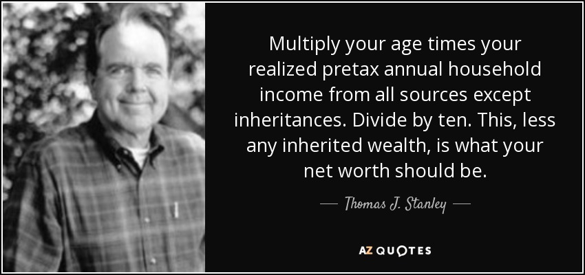 Multiply your age times your realized pretax annual household income from all sources except inheritances. Divide by ten. This, less any inherited wealth, is what your net worth should be. - Thomas J. Stanley