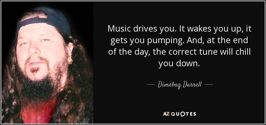 Music drives you. It wakes you up, it gets you pumping. And, at the end of the day, the correct tune will chill you down. - Dimebag Darrell
