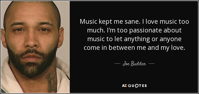 Music kept me sane. I love music too much. I'm too passionate about music to let anything or anyone come in between me and my love. - Joe Budden