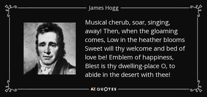 Musical cherub, soar, singing, away! Then, when the gloaming comes, Low in the heather blooms Sweet will thy welcome and bed of love be! Emblem of happiness, Blest is thy dwelling-place O, to abide in the desert with thee! - James Hogg