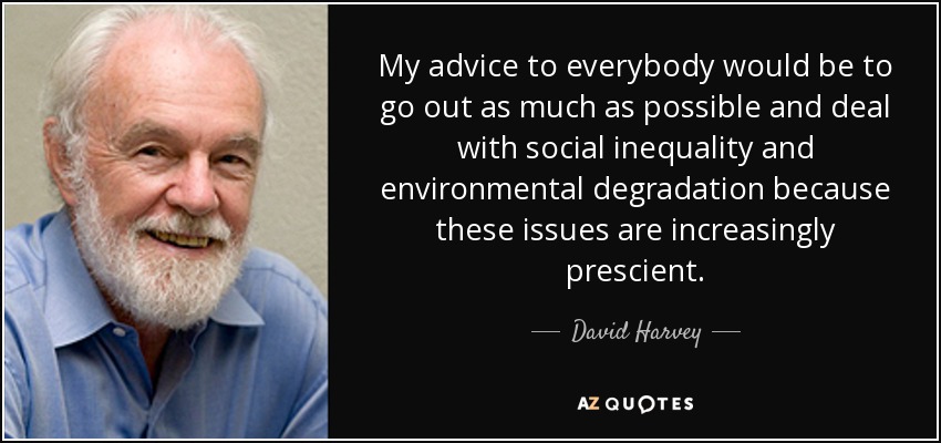 My advice to everybody would be to go out as much as possible and deal with social inequality and environmental degradation because these issues are increasingly prescient. - David Harvey