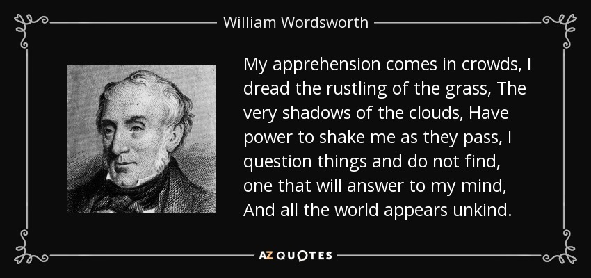 My apprehension comes in crowds, I dread the rustling of the grass, The very shadows of the clouds, Have power to shake me as they pass, I question things and do not find, one that will answer to my mind, And all the world appears unkind. - William Wordsworth