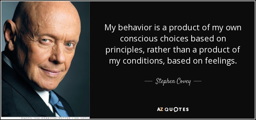 My behavior is a product of my own conscious choices based on principles, rather than a product of my conditions, based on feelings. - Stephen Covey