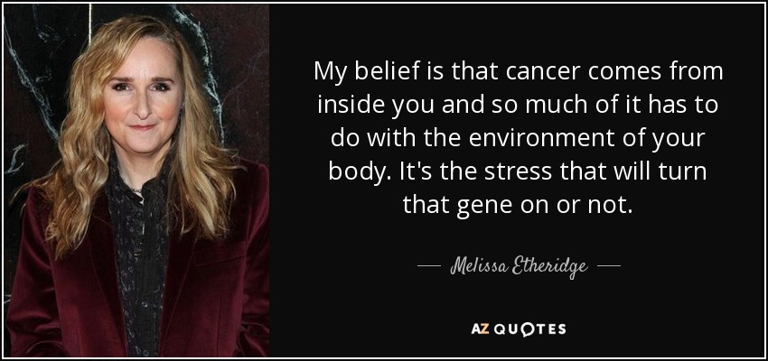 My belief is that cancer comes from inside you and so much of it has to do with the environment of your body. It's the stress that will turn that gene on or not. - Melissa Etheridge