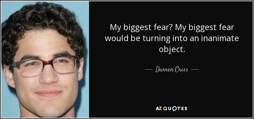My biggest fear? My biggest fear would be turning into an inanimate object. - Darren Criss