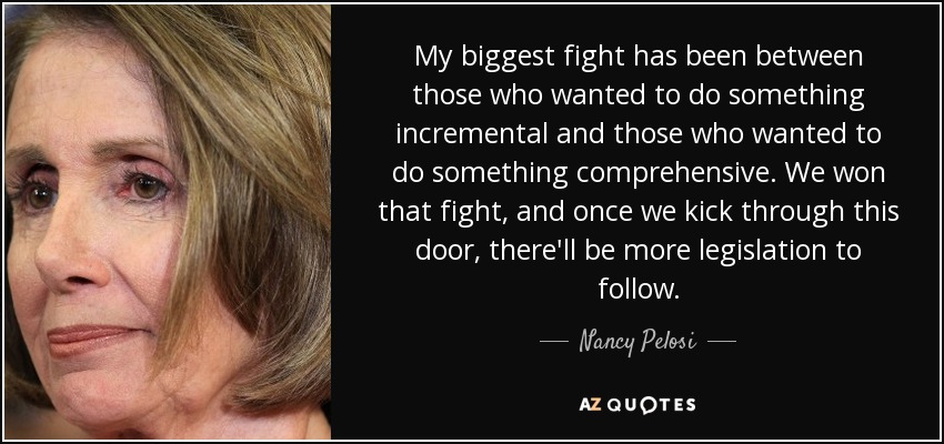 My biggest fight has been between those who wanted to do something incremental and those who wanted to do something comprehensive. We won that fight, and once we kick through this door, there'll be more legislation to follow. - Nancy Pelosi