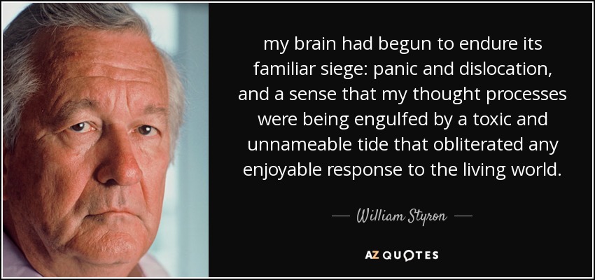 my brain had begun to endure its familiar siege: panic and dislocation, and a sense that my thought processes were being engulfed by a toxic and unnameable tide that obliterated any enjoyable response to the living world. - William Styron