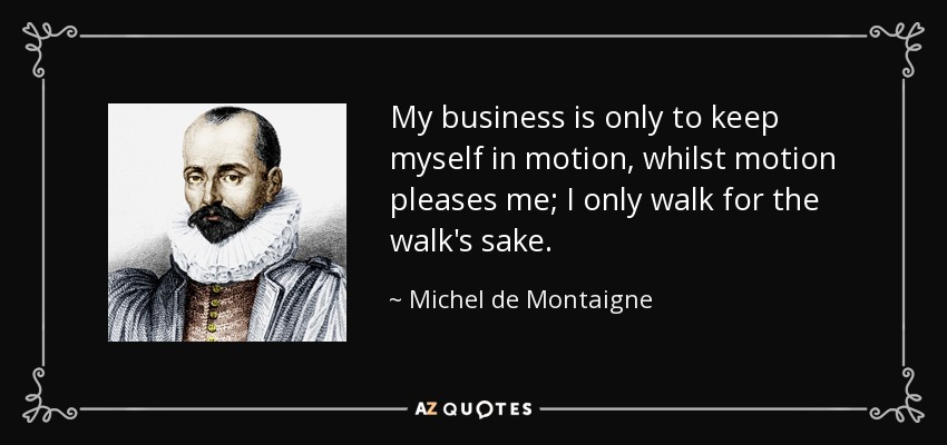 My business is only to keep myself in motion, whilst motion pleases me; I only walk for the walk's sake. - Michel de Montaigne