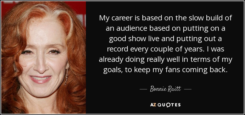 My career is based on the slow build of an audience based on putting on a good show live and putting out a record every couple of years. I was already doing really well in terms of my goals, to keep my fans coming back. - Bonnie Raitt