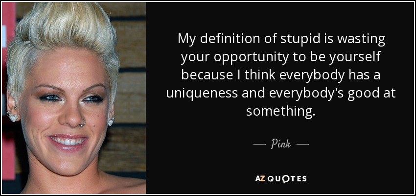 My definition of stupid is wasting your opportunity to be yourself because I think everybody has a uniqueness and everybody's good at something. - Pink