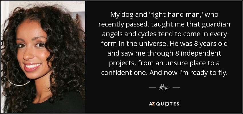 My dog and 'right hand man,' who recently passed, taught me that guardian angels and cycles tend to come in every form in the universe. He was 8 years old and saw me through 8 independent projects, from an unsure place to a confident one. And now I'm ready to fly. - Mya