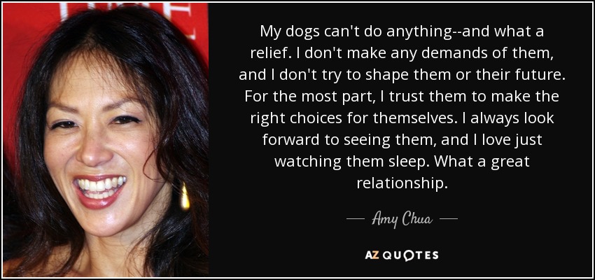 My dogs can't do anything--and what a relief. I don't make any demands of them, and I don't try to shape them or their future. For the most part, I trust them to make the right choices for themselves. I always look forward to seeing them, and I love just watching them sleep. What a great relationship. - Amy Chua