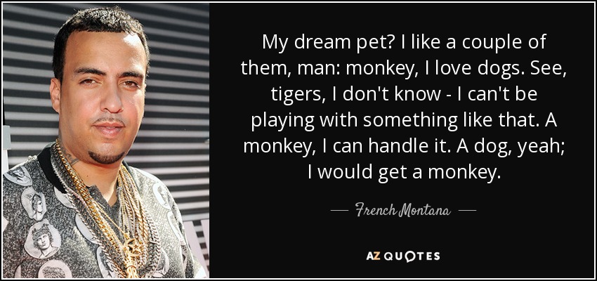 My dream pet? I like a couple of them, man: monkey, I love dogs. See, tigers, I don't know - I can't be playing with something like that. A monkey, I can handle it. A dog, yeah; I would get a monkey. - French Montana