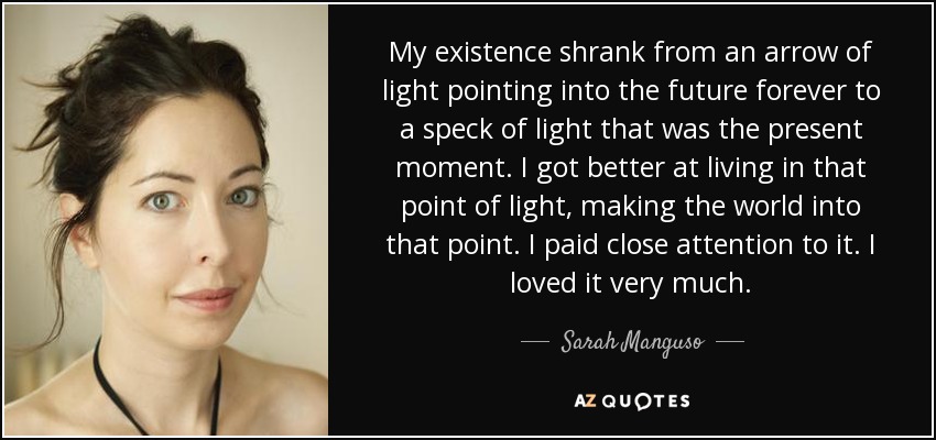 My existence shrank from an arrow of light pointing into the future forever to a speck of light that was the present moment. I got better at living in that point of light, making the world into that point. I paid close attention to it. I loved it very much. - Sarah Manguso