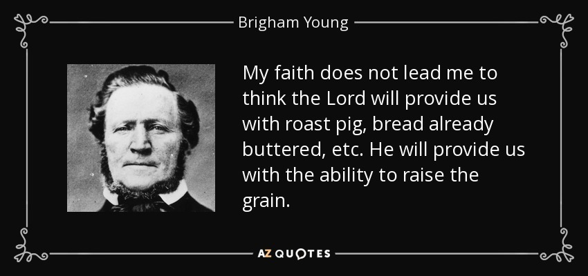 My faith does not lead me to think the Lord will provide us with roast pig, bread already buttered, etc. He will provide us with the ability to raise the grain. - Brigham Young