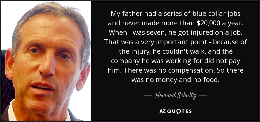 My father had a series of blue-collar jobs and never made more than $20,000 a year. When I was seven, he got injured on a job. That was a very important point - because of the injury, he couldn't walk, and the company he was working for did not pay him. There was no compensation. So there was no money and no food. - Howard Schultz