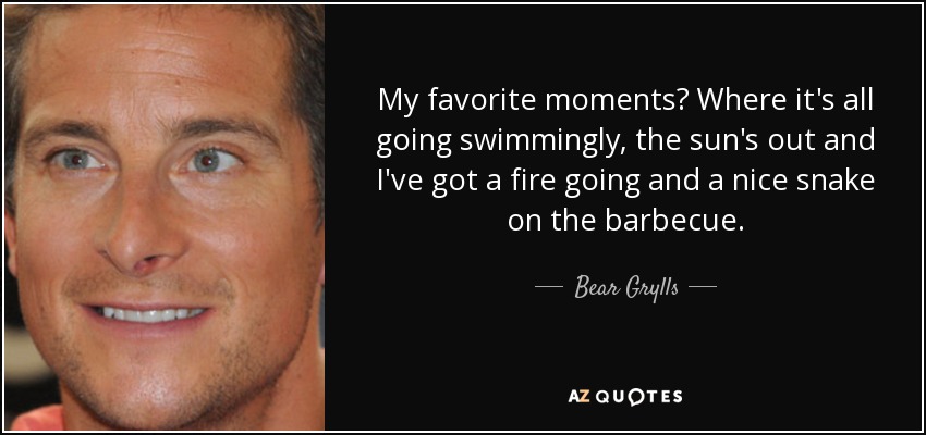 My favorite moments? Where it's all going swimmingly, the sun's out and I've got a fire going and a nice snake on the barbecue. - Bear Grylls
