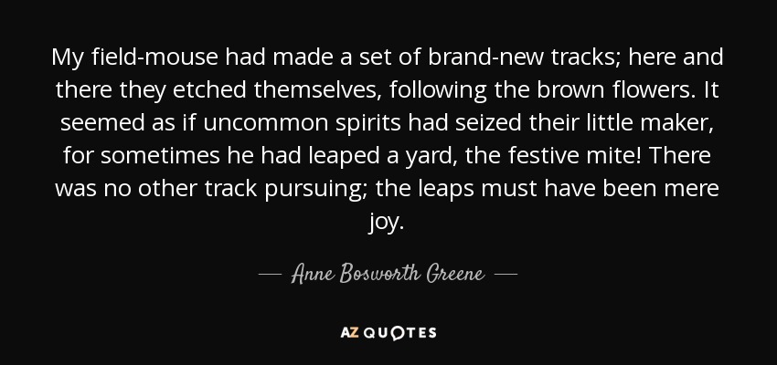 My field-mouse had made a set of brand-new tracks; here and there they etched themselves, following the brown flowers. It seemed as if uncommon spirits had seized their little maker, for sometimes he had leaped a yard, the festive mite! There was no other track pursuing; the leaps must have been mere joy. - Anne Bosworth Greene