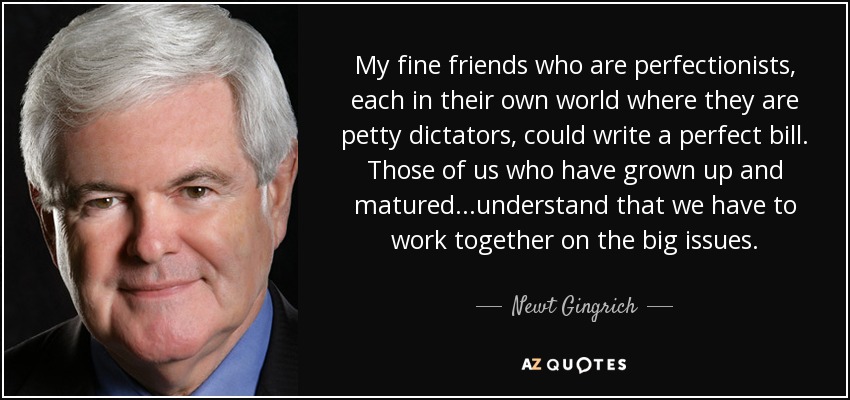 My fine friends who are perfectionists, each in their own world where they are petty dictators, could write a perfect bill. Those of us who have grown up and matured...understand that we have to work together on the big issues. - Newt Gingrich