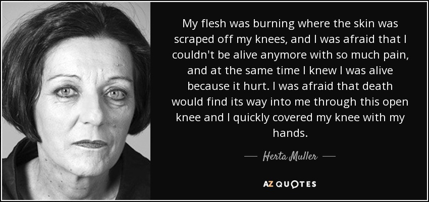 My flesh was burning where the skin was scraped off my knees, and I was afraid that I couldn't be alive anymore with so much pain, and at the same time I knew I was alive because it hurt. I was afraid that death would find its way into me through this open knee and I quickly covered my knee with my hands. - Herta Muller