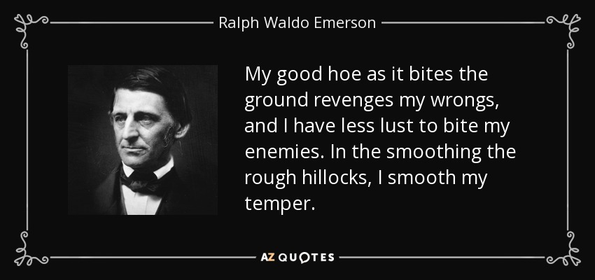 My good hoe as it bites the ground revenges my wrongs, and I have less lust to bite my enemies. In the smoothing the rough hillocks, I smooth my temper. - Ralph Waldo Emerson