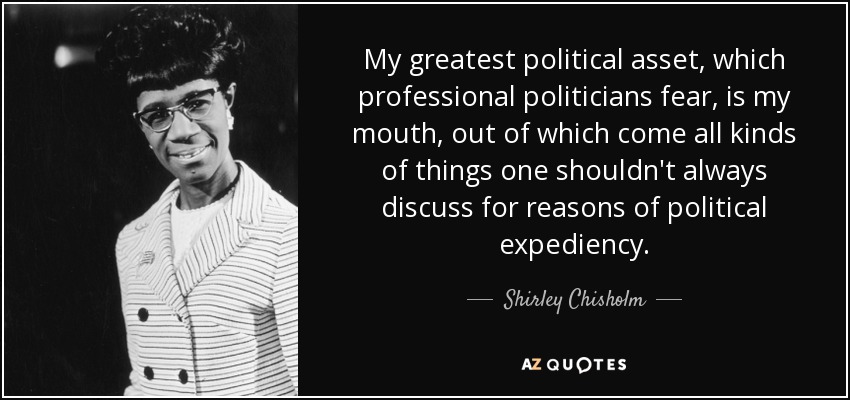 My greatest political asset, which professional politicians fear, is my mouth, out of which come all kinds of things one shouldn't always discuss for reasons of political expediency. - Shirley Chisholm