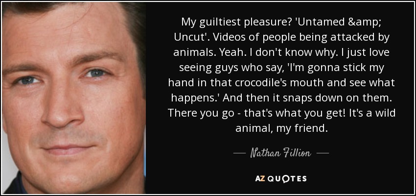 My guiltiest pleasure? 'Untamed & Uncut'. Videos of people being attacked by animals. Yeah. I don't know why. I just love seeing guys who say, 'I'm gonna stick my hand in that crocodile's mouth and see what happens.' And then it snaps down on them. There you go - that's what you get! It's a wild animal, my friend. - Nathan Fillion