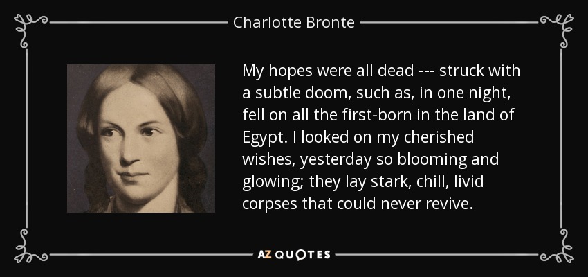 My hopes were all dead --- struck with a subtle doom, such as, in one night, fell on all the first-born in the land of Egypt. I looked on my cherished wishes, yesterday so blooming and glowing; they lay stark, chill, livid corpses that could never revive. - Charlotte Bronte