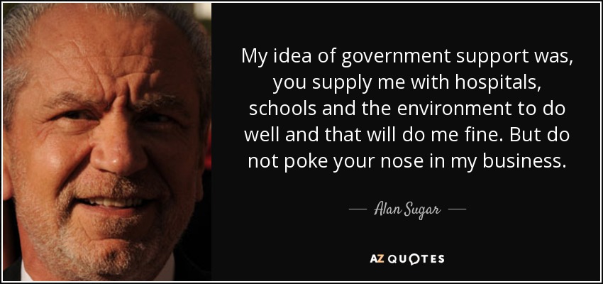 My idea of government support was, you supply me with hospitals, schools and the environment to do well and that will do me fine. But do not poke your nose in my business. - Alan Sugar