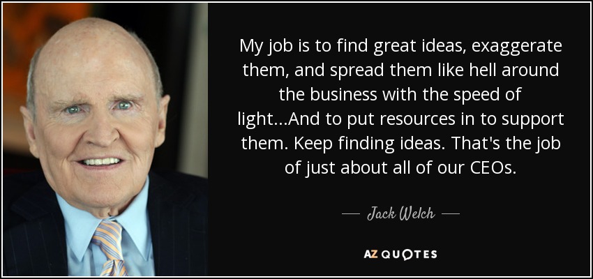 My job is to find great ideas, exaggerate them, and spread them like hell around the business with the speed of light...And to put resources in to support them. Keep finding ideas. That's the job of just about all of our CEOs. - Jack Welch