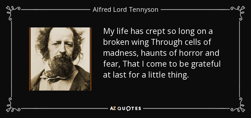 My life has crept so long on a broken wing Through cells of madness, haunts of horror and fear, That I come to be grateful at last for a little thing. - Alfred Lord Tennyson