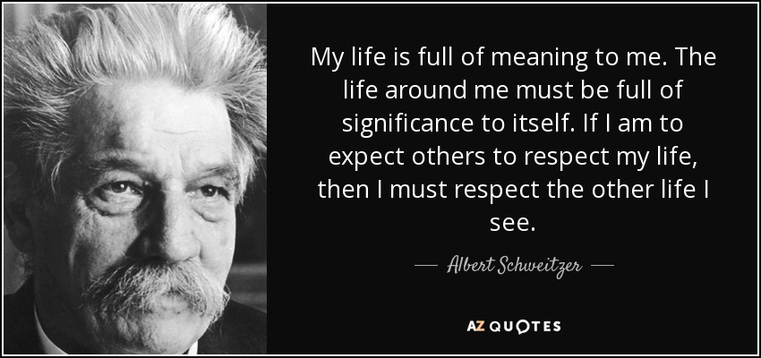 My life is full of meaning to me. The life around me must be full of significance to itself. If I am to expect others to respect my life, then I must respect the other life I see. - Albert Schweitzer