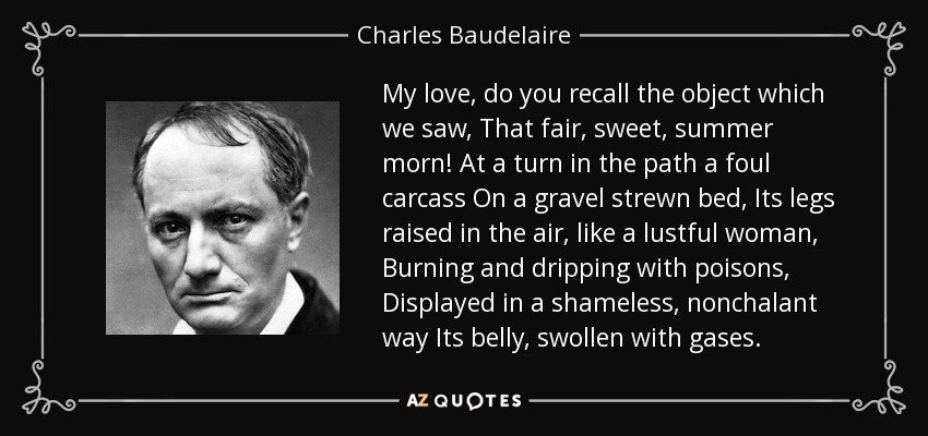 My love, do you recall the object which we saw, That fair, sweet, summer morn! At a turn in the path a foul carcass On a gravel strewn bed, Its legs raised in the air, like a lustful woman, Burning and dripping with poisons, Displayed in a shameless, nonchalant way Its belly, swollen with gases. - Charles Baudelaire