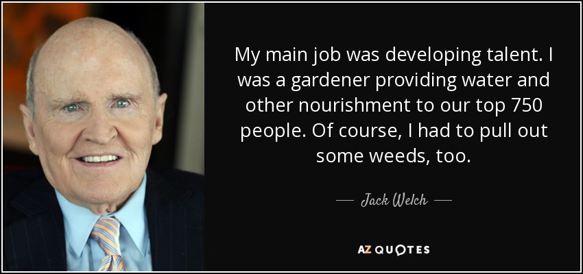 My main job was developing talent. I was a gardener providing water and other nourishment to our top 750 people. Of course, I had to pull out some weeds, too. - Jack Welch