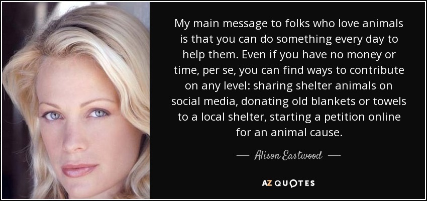 My main message to folks who love animals is that you can do something every day to help them. Even if you have no money or time, per se, you can find ways to contribute on any level: sharing shelter animals on social media, donating old blankets or towels to a local shelter, starting a petition online for an animal cause. - Alison Eastwood