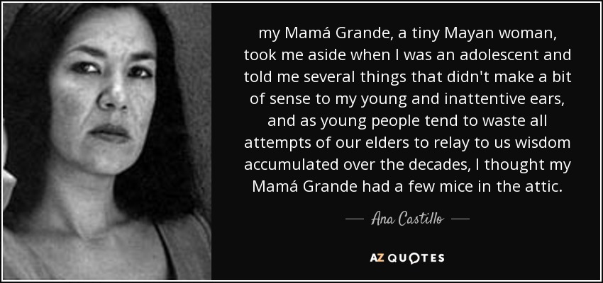 my Mamá Grande, a tiny Mayan woman, took me aside when I was an adolescent and told me several things that didn't make a bit of sense to my young and inattentive ears, and as young people tend to waste all attempts of our elders to relay to us wisdom accumulated over the decades, I thought my Mamá Grande had a few mice in the attic. - Ana Castillo