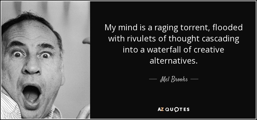 My mind is a raging torrent, flooded with rivulets of thought cascading into a waterfall of creative alternatives. - Mel Brooks