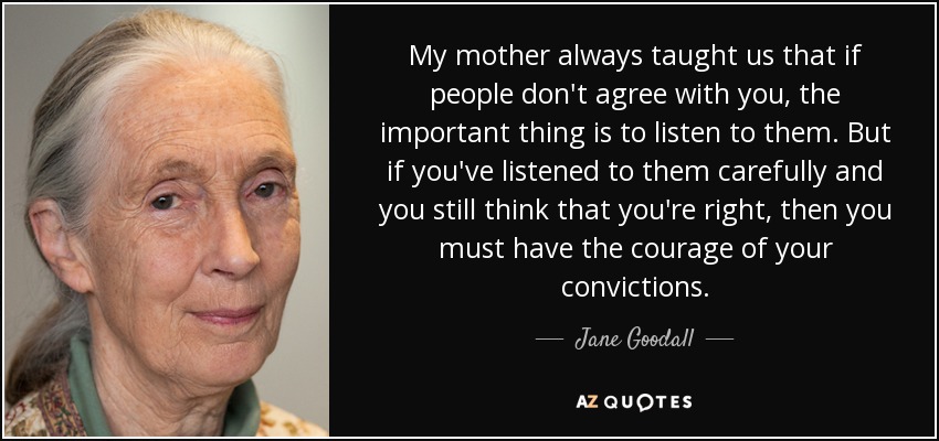 My mother always taught us that if people don't agree with you, the important thing is to listen to them. But if you've listened to them carefully and you still think that you're right, then you must have the courage of your convictions. - Jane Goodall