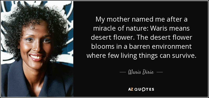 My mother named me after a miracle of nature: Waris means desert flower. The desert flower blooms in a barren environment where few living things can survive. - Waris Dirie
