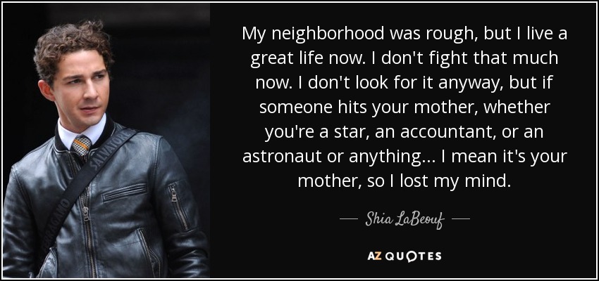 My neighborhood was rough, but I live a great life now. I don't fight that much now. I don't look for it anyway, but if someone hits your mother, whether you're a star, an accountant, or an astronaut or anything... I mean it's your mother, so I lost my mind. - Shia LaBeouf