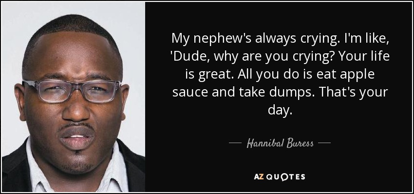 My nephew's always crying. I'm like, 'Dude, why are you crying? Your life is great. All you do is eat apple sauce and take dumps. That's your day. - Hannibal Buress