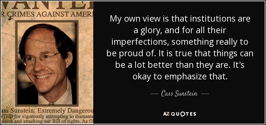 My own view is that institutions are a glory, and for all their imperfections, something really to be proud of. It is true that things can be a lot better than they are. It's okay to emphasize that. - Cass Sunstein