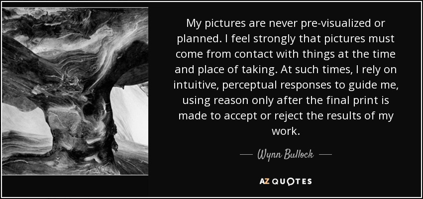 My pictures are never pre-visualized or planned. I feel strongly that pictures must come from contact with things at the time and place of taking. At such times, I rely on intuitive, perceptual responses to guide me, using reason only after the final print is made to accept or reject the results of my work. - Wynn Bullock