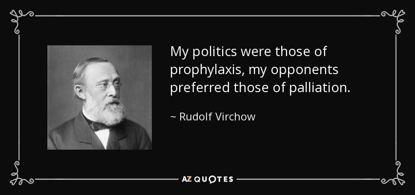My politics were those of prophylaxis, my opponents preferred those of palliation. - Rudolf Virchow