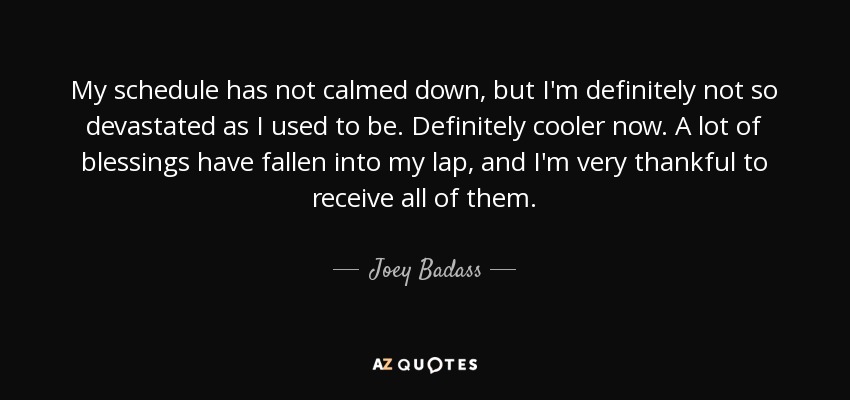 My schedule has not calmed down, but I'm definitely not so devastated as I used to be. Definitely cooler now. A lot of blessings have fallen into my lap, and I'm very thankful to receive all of them. - Joey Badass