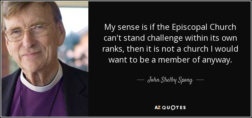 My sense is if the Episcopal Church can't stand challenge within its own ranks, then it is not a church I would want to be a member of anyway. - John Shelby Spong
