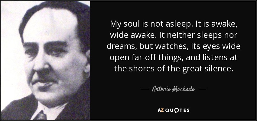 My soul is not asleep. It is awake, wide awake. It neither sleeps nor dreams, but watches, its eyes wide open far-off things, and listens at the shores of the great silence. - Antonio Machado