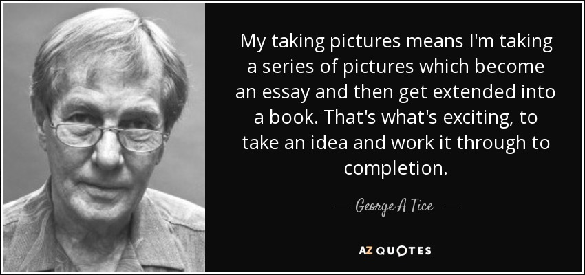 My taking pictures means I'm taking a series of pictures which become an essay and then get extended into a book. That's what's exciting, to take an idea and work it through to completion. - George A Tice