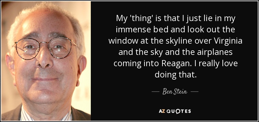 My 'thing' is that I just lie in my immense bed and look out the window at the skyline over Virginia and the sky and the airplanes coming into Reagan. I really love doing that. - Ben Stein